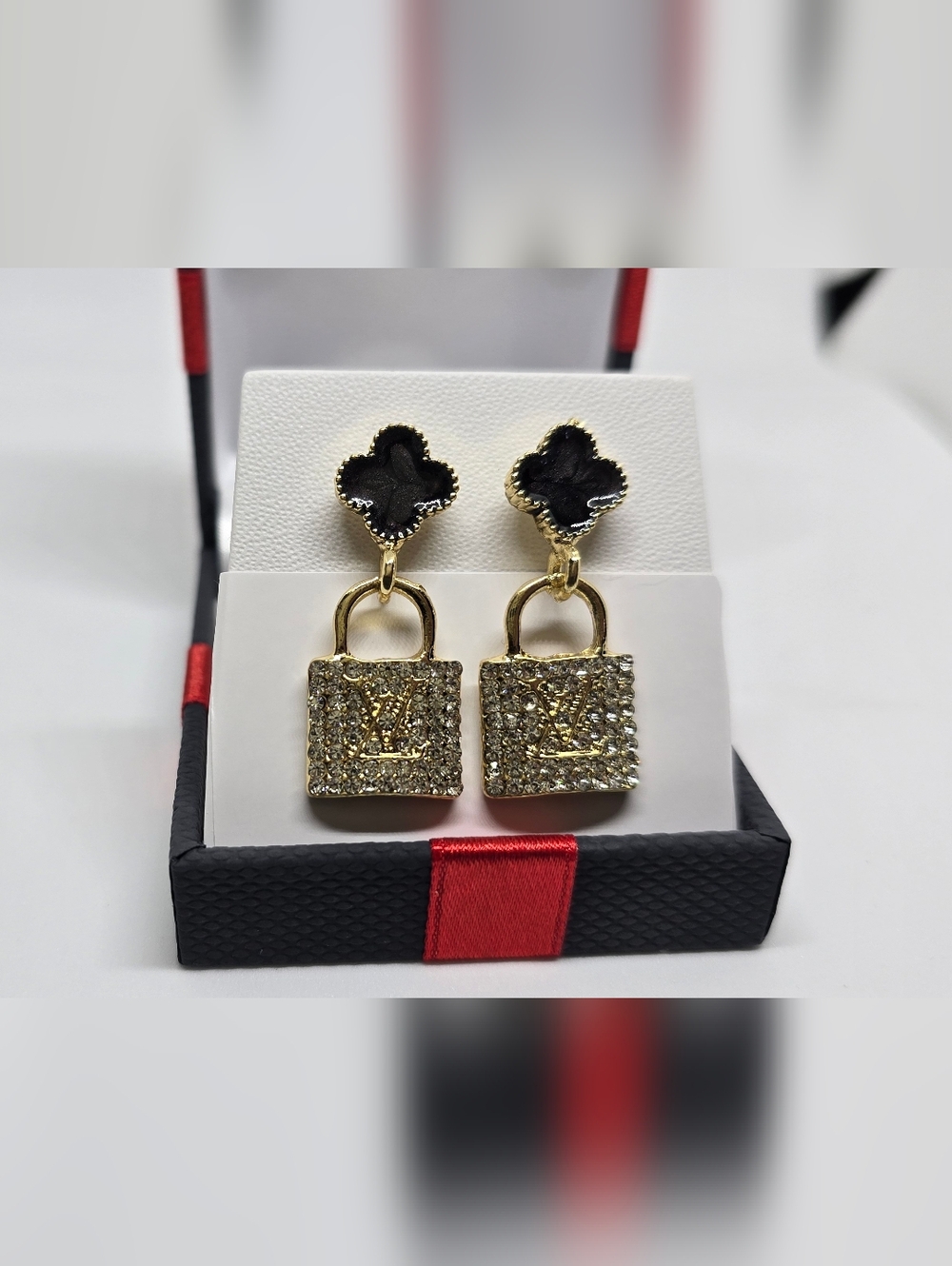 Gold and Black Padlock Drop Earrings - Luxury Crystal Accent